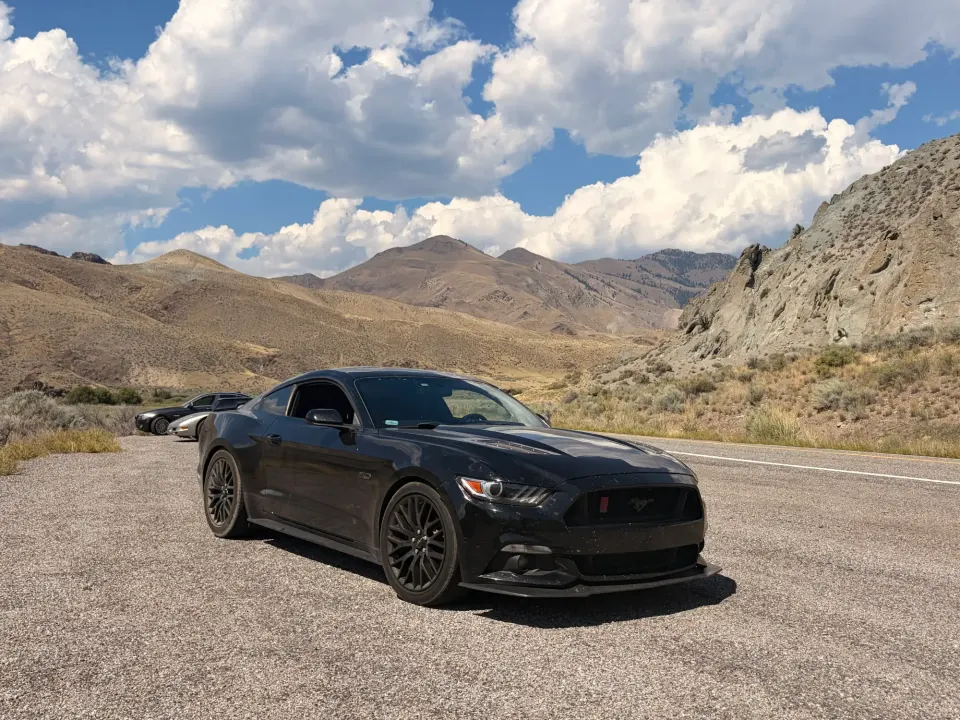 Black Ford Mustang GT on a desert mountain road