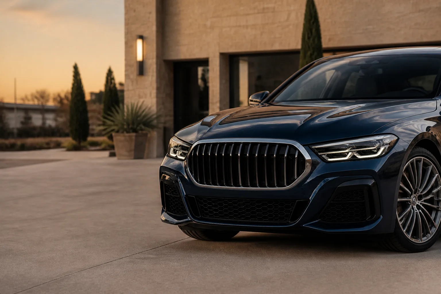 Dark blue premium sedan outside a modern dealership